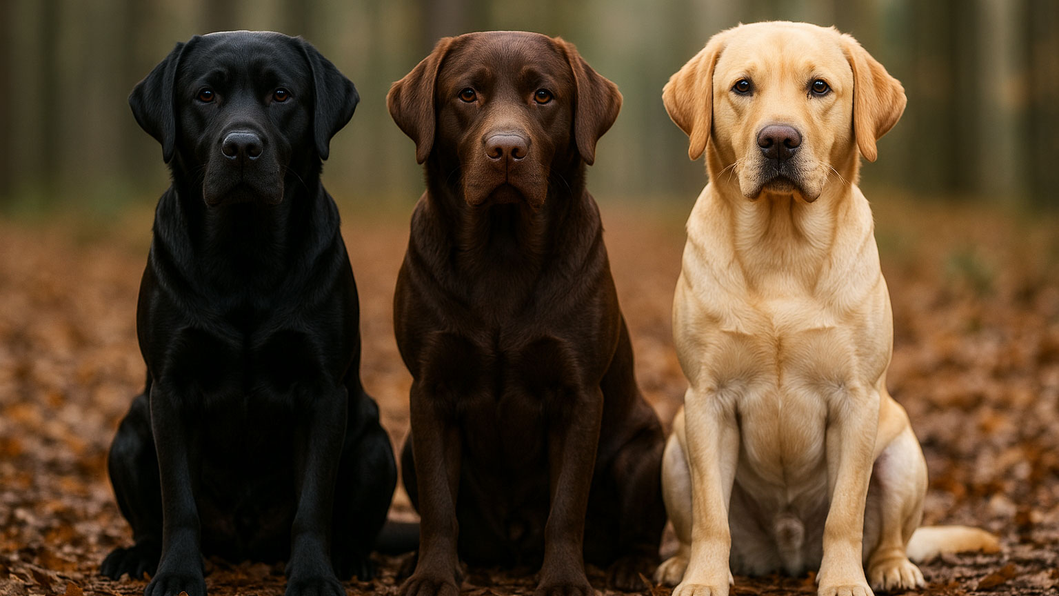 Tre Labrador Retrievers i sort, brun og gul farve siddende i naturen – illustrerer genetisk variation i pelsfarver