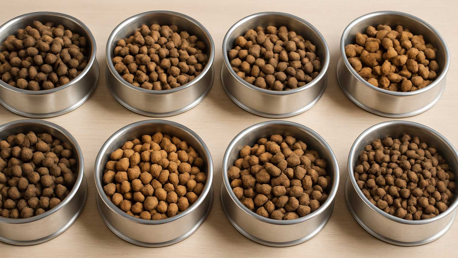 Hundeskåle med tørfoder til sammenligning af hundemad – test og anbefaling af foder til mellemstore og store hunde fra Hill’s, Royal Canin, Eukanuba, Olivers og Essentials.