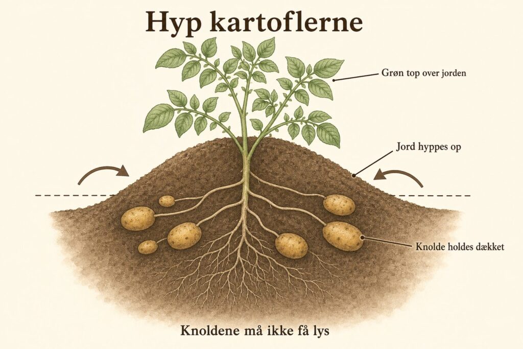 Tværsnit af en kartoffelplante: jord er hyppet op omkring stænglerne, så knoldene holdes dækket, mens den grønne top er over jorden.