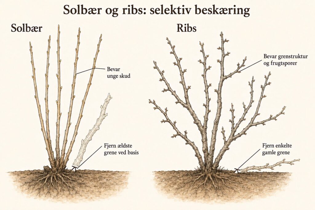 Solbær får de ældste grene fjernet ved basis, mens unge skud bevares. Hos ribs bevares grenstruktur og korte frugtsporer, og enkelte gamle grene fjernes.